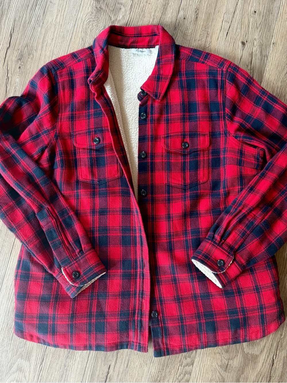 Women’s Medium LL Bean Red & Navy Plaid Sherpa-Lined Jacket
